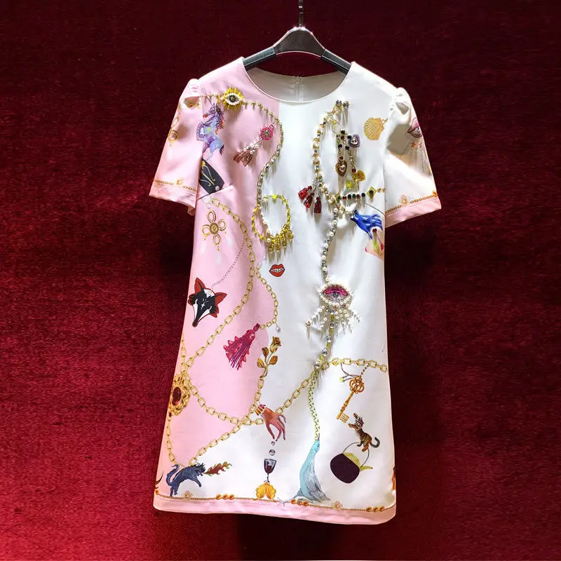 Light Luxury Fashion Printed Women Dresses Heavy Industry Studded Round Neck Short Sleeve A-line Skirt Casual Female Robe Mujer
Light Luxury Fashion Printed Women Dresses Heavy Industry Studded Round Neck Short Sleeve A-line Skirt Casual Female Robe Mujer