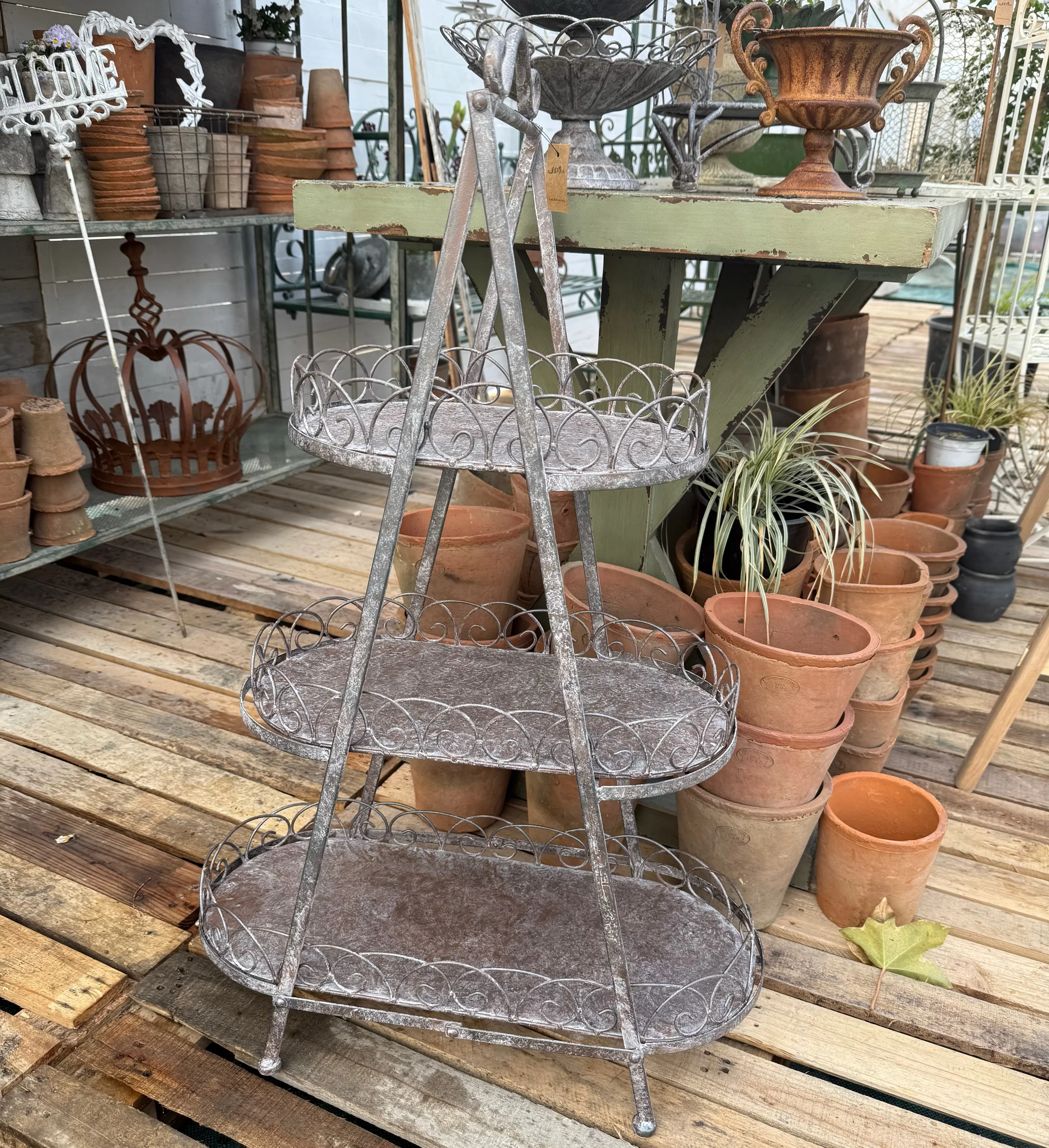 Vintage Metal 3-Tier Display Stand, Gray, Decorative Scrollwork Design, Foldable Plant Stand, 21.6x10.6x35.4 Inch
Vintage Metal 3-Tier Display Stand, Gray, Decorative Scrollwork Design, Foldable Plant Stand, 21.6x10.6x35.4 Inch
