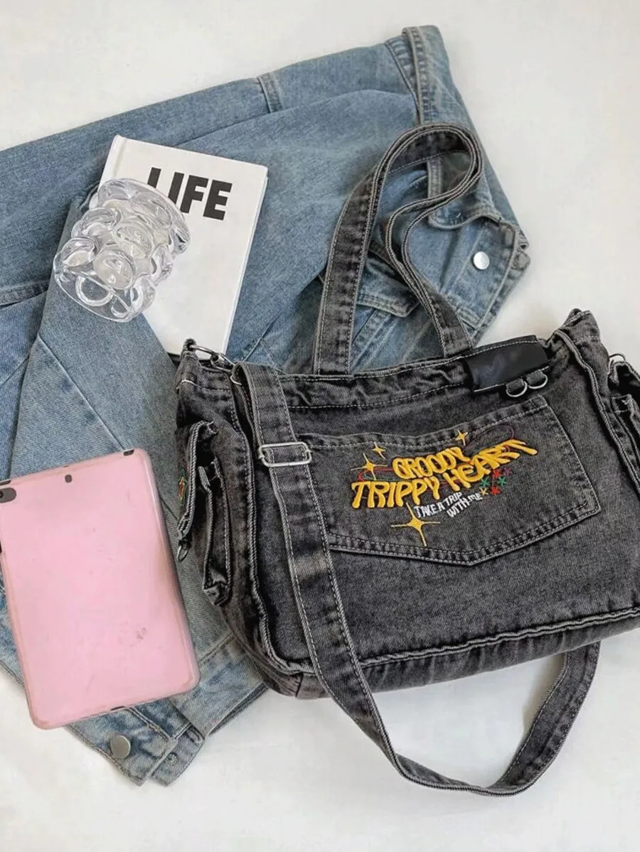 Denim Shoulder Bag With Embroidered Letter Graphic Casual Tote For Women
Denim Shoulder Bag With Embroidered Letter Graphic Casual Tote For Women