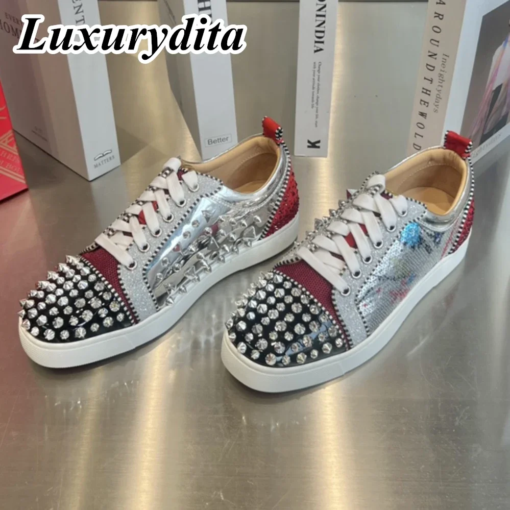 Top Quality Womens Trendy Casual Sneakers Luxury Mens Real Leather Tennis Shoes Designr Red Sole Tide Lovers Rivet Shoes HJ0854
Top Quality Womens Trendy Casual Sneakers Luxury Mens Real Leather Tennis Shoes Designr Red Sole Tide Lovers Rivet Shoes HJ0854