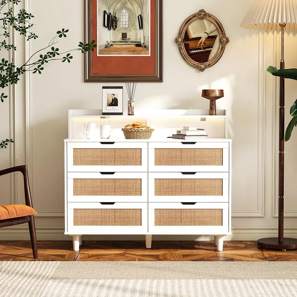 43.31" Rattan Storage Cabinet with 6 Rattan Drawers LED Lights Power Outlet Solid Wood Legs Cabinet for Bedroom Living Room
43.31" Rattan Storage Cabinet with 6 Rattan Drawers LED Lights Power Outlet Solid Wood Legs Cabinet for Bedroom Living Room