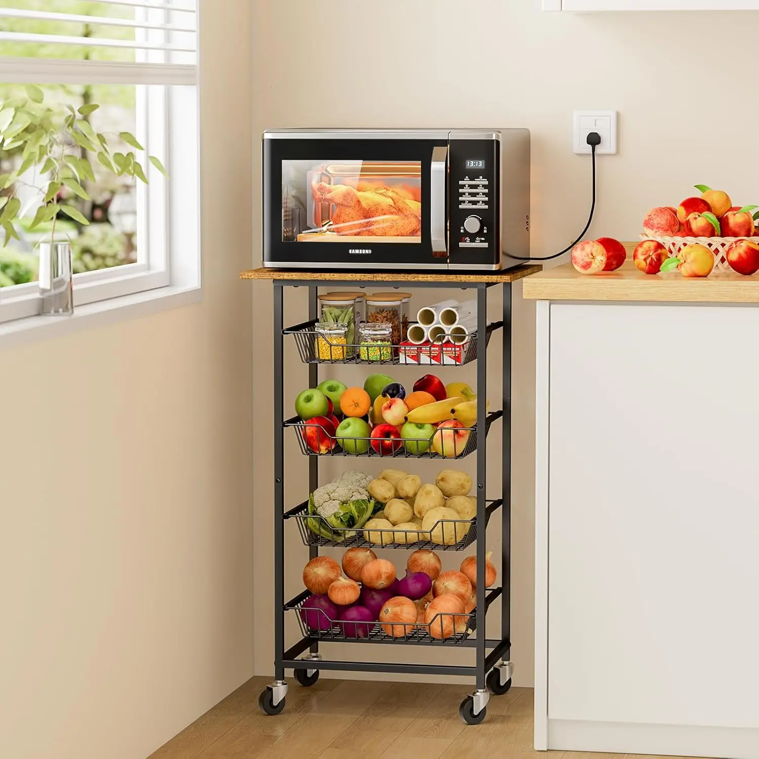 5-Tier Rolling Microwave Cart with Fruit Baskets, Space-Saving Kitchen Storage on Wheels for Pantry, Living Room
5-Tier Rolling Microwave Cart with Fruit Baskets, Space-Saving Kitchen Storage on Wheels for Pantry, Living Room