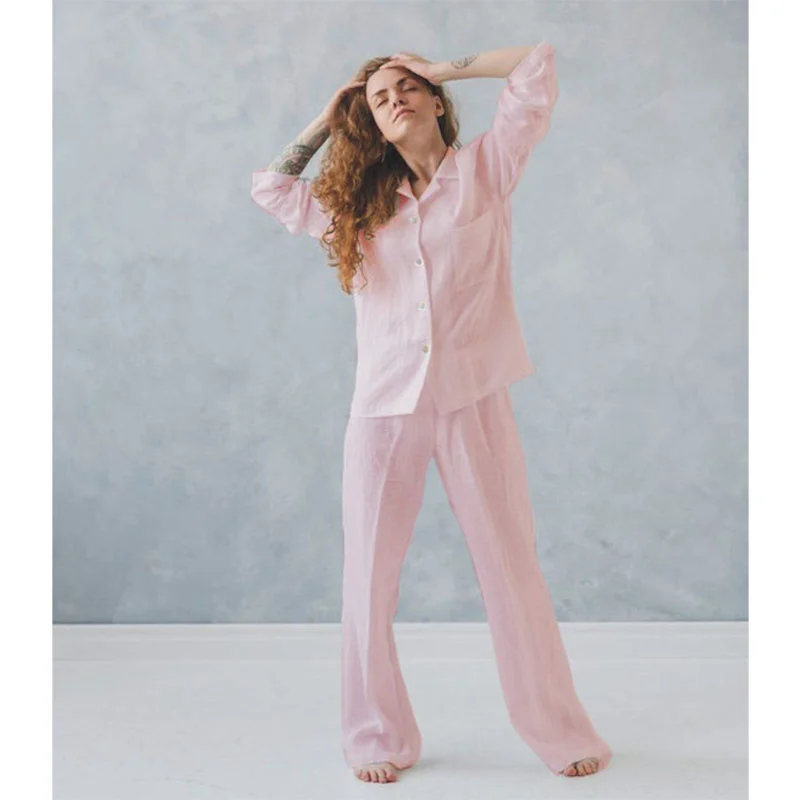 French Linen solid color women's long sleeved thin loose home clothes washed soft and dry linen pajamas set package mail
French Linen solid color women's long sleeved thin loose home clothes washed soft and dry linen pajamas set package mail