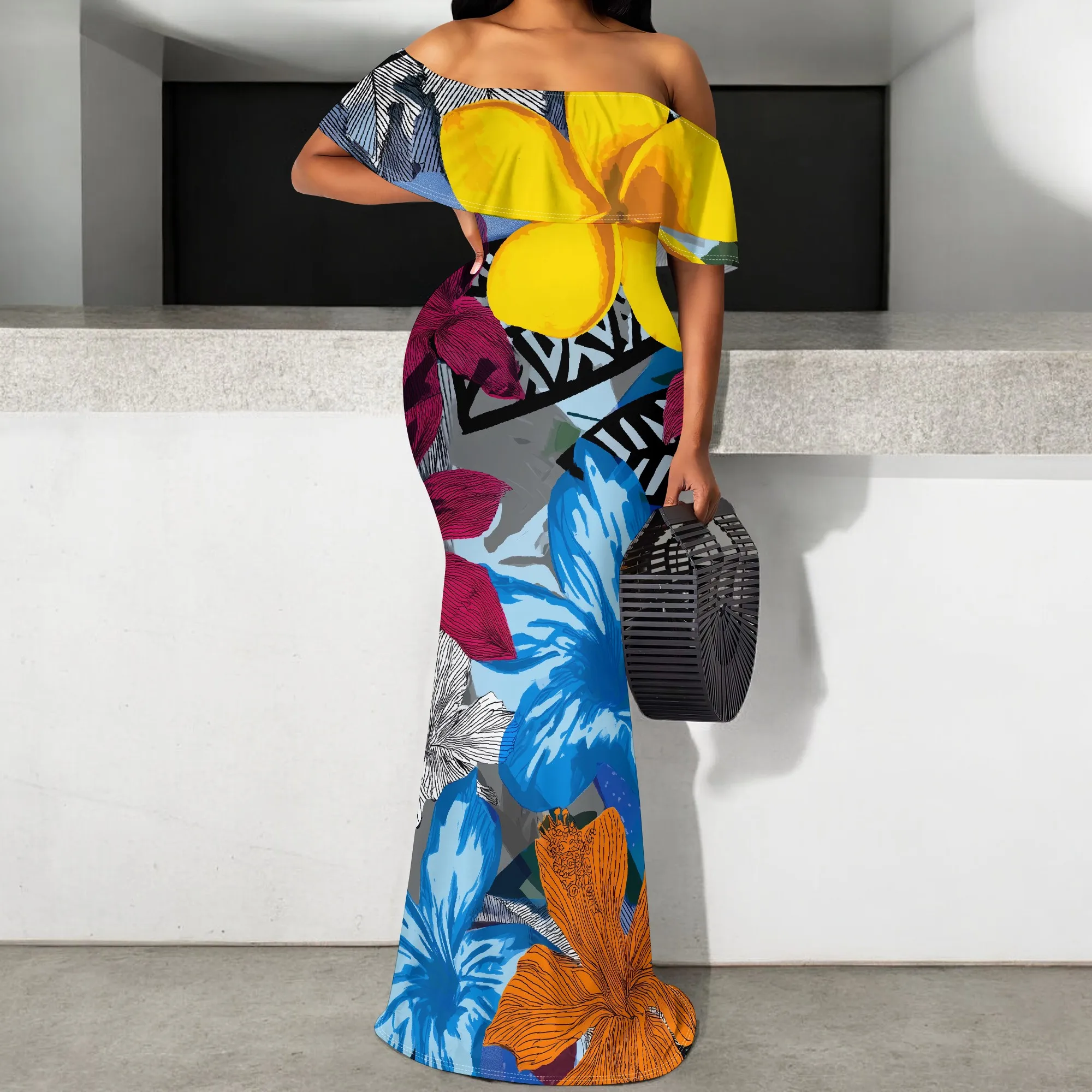 Tropical Floral Off Shoulder Maxi Dress S-3XL Bodycon Mermaid Style for Beach Vacation, Art Festival or Island Party Look
Tropical Floral Off Shoulder Maxi Dress S-3XL Bodycon Mermaid Style for Beach Vacation, Art Festival or Island Party Look