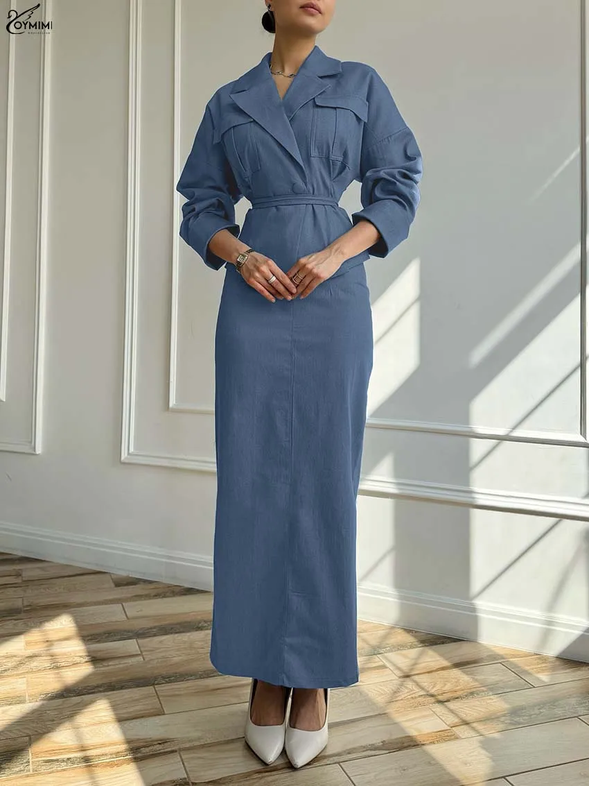 Oymimi Elegant Blue Denim 2 Pieces Set For Woman Fashion Wrist Sleeve Pockets Lace-Up Shirts + Straight Ankle-Length Skirts Sets
Oymimi Elegant Blue Denim 2 Pieces Set For Woman Fashion Wrist Sleeve Pockets Lace-Up Shirts + Straight Ankle-Length Skirts Sets