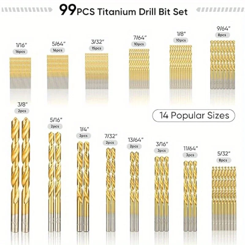 99pcs High Speed Steel Drill Bit Set with Titanium Coating - 135 Degree Tip HSS Drill Bits
99pcs High Speed Steel Drill Bit Set with Titanium Coating - 135 Degree Tip HSS Drill Bits