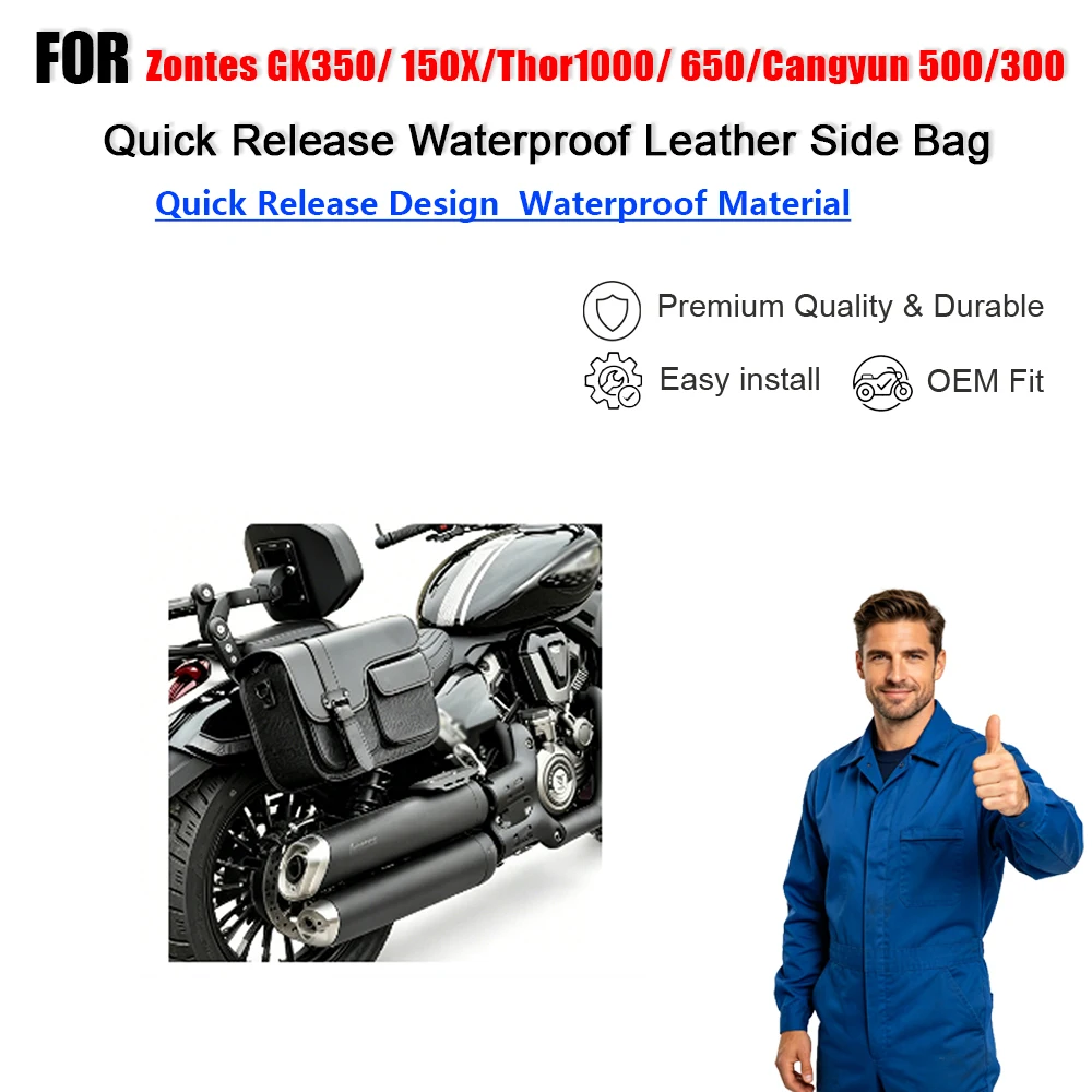Quick Release Waterproof Leather Side Bag for Zontes GK350 150X Thor1000 650 Cangyun 500 300 Motorcycle
Quick Release Waterproof Leather Side Bag for Zontes GK350 150X Thor1000 650 Cangyun 500 300 Motorcycle