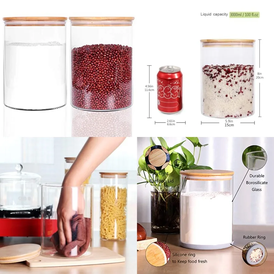 Set of 2 Large Glass Food Storage jar, 100 FL OZ 3000ml Glass Flour Canister with Airtight Bamboo Lids for Kitchen Corner, BPA-
Set of 2 Large Glass Food Storage jar, 100 FL OZ 3000ml Glass Flour Canister with Airtight Bamboo Lids for Kitchen Corner, BPA-