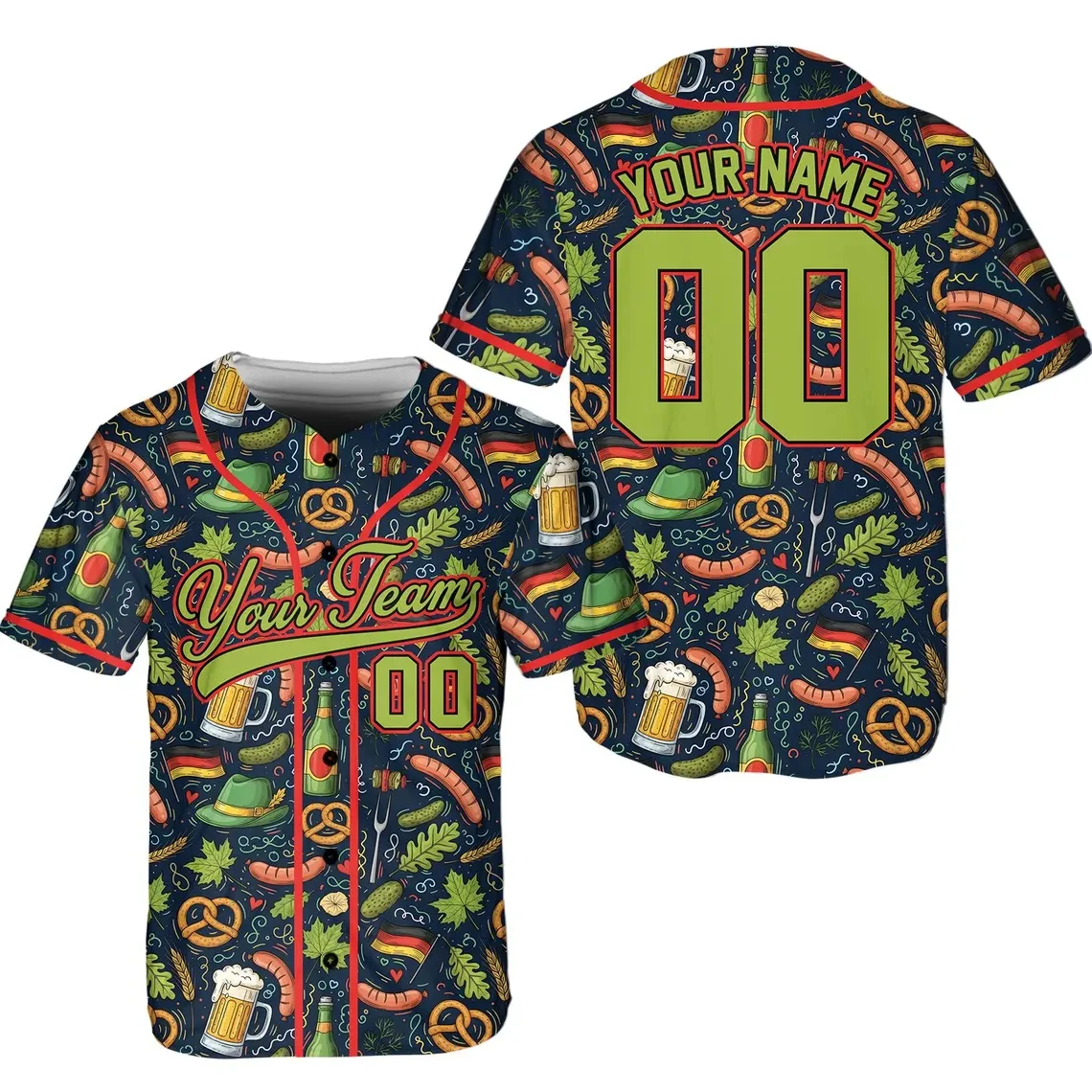 Custom Beer Sausage Print Funny Baseball Jersey Personalized Team Name Number Button Up Short Sleeve Shirts Polyester Sports Tee
Custom Beer Sausage Print Funny Baseball Jersey Personalized Team Name Number Button Up Short Sleeve Shirts Polyester Sports Tee