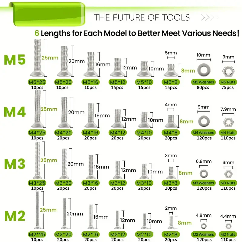 24 Sizes M2 M3 M4 M5 Hex Socket Flat Head Screw Bolts and Nuts Kit, 8MM to 25MM 304 Stainless Steel Nuts and Bolts Assortment Ki
24 Sizes M2 M3 M4 M5 Hex Socket Flat Head Screw Bolts and Nuts Kit, 8MM to 25MM 304 Stainless Steel Nuts and Bolts Assortment Ki