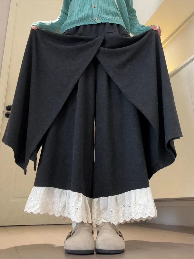Women's Faux Two-piece Wool-blend Skirt Pants Retro Lace Spliced Split Gray Wide-leg Pants Niche Simple Casual Loose Crop Pants
Women's Faux Two-piece Wool-blend Skirt Pants Retro Lace Spliced Split Gray Wide-leg Pants Niche Simple Casual Loose Crop Pants