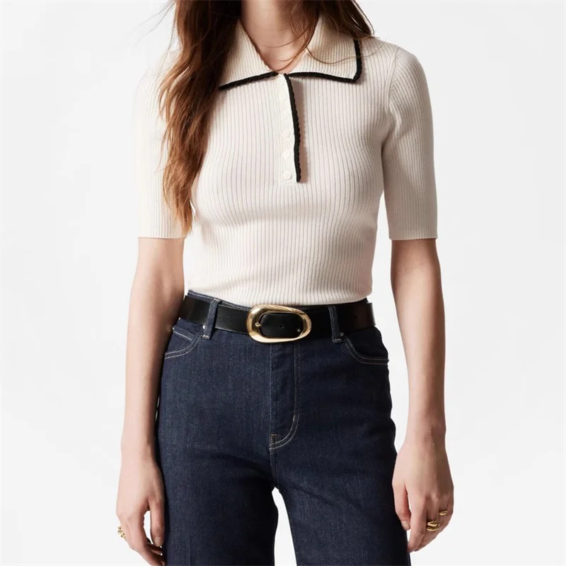 Women's polo shirt New elastic knitted slim fit collar short sleeved top for summer 2025 Women's t-shirt Women's corset pullover
Women's polo shirt New elastic knitted slim fit collar short sleeved top for summer 2025 Women's t-shirt Women's corset pullover