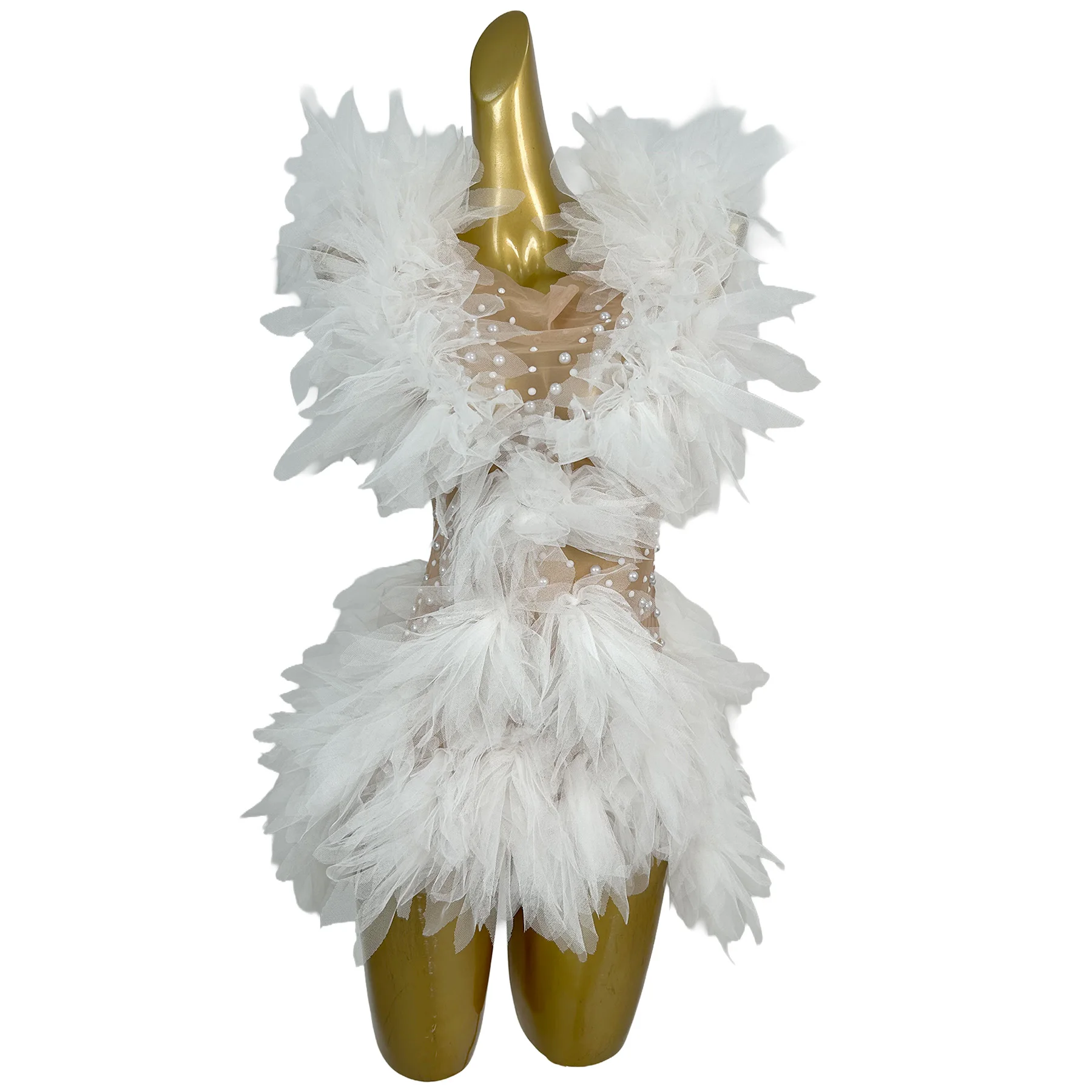 Chibang Womens White Pearl Embellished Sheer Mesh Tulle Ruffle Tutu Bodysuit for Stage Performance and Evening Party Events
Chibang Womens White Pearl Embellished Sheer Mesh Tulle Ruffle Tutu Bodysuit for Stage Performance and Evening Party Events