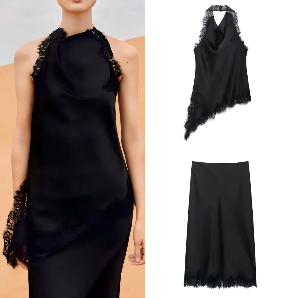Women's new fashion lace decoration sleeveless satin texture hanging neck top retro backless women's vest chic top+Skirts suit
Women's new fashion lace decoration sleeveless satin texture hanging neck top retro backless women's vest chic top+Skirts suit