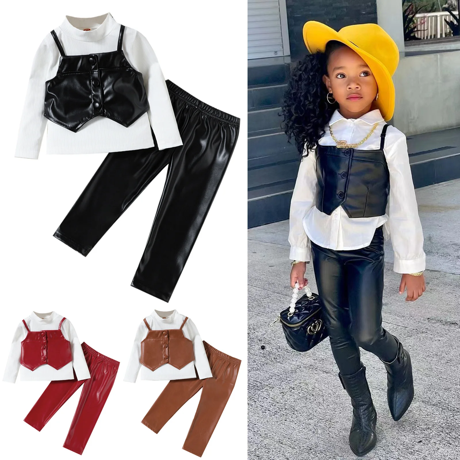 Kids Girls' Autumn 3-Piece Clothes Set Long Sleeve Top + PU Vest + PU Leather Pants Fashion Girls' Outfit Age For 2-7 Years
Kids Girls' Autumn 3-Piece Clothes Set Long Sleeve Top + PU Vest + PU Leather Pants Fashion Girls' Outfit Age For 2-7 Years