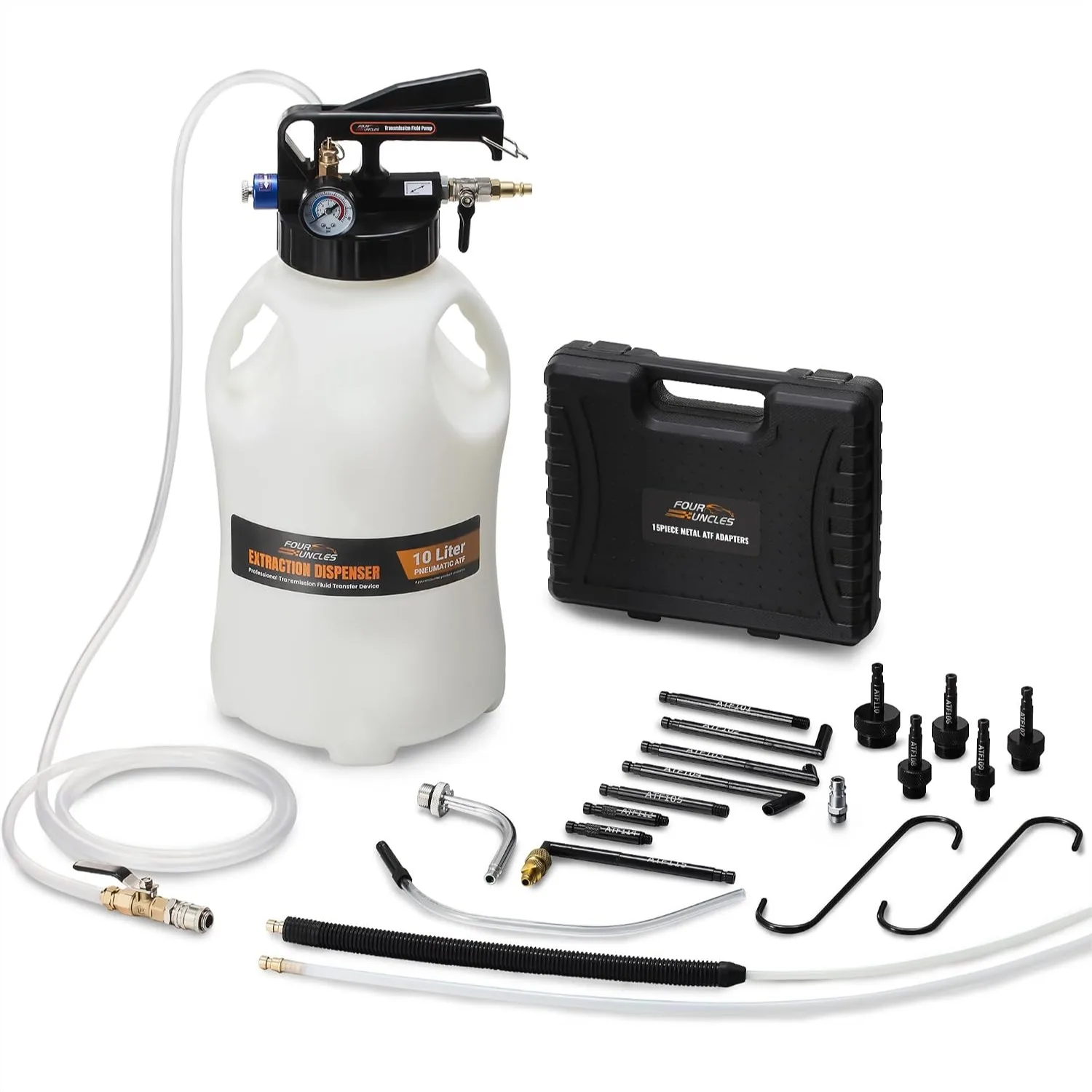 Pneumatic Transmission Fluid Pump with 15 ATF Adapters and Pressure Gauge for Automotive Use
Pneumatic Transmission Fluid Pump with 15 ATF Adapters and Pressure Gauge for Automotive Use