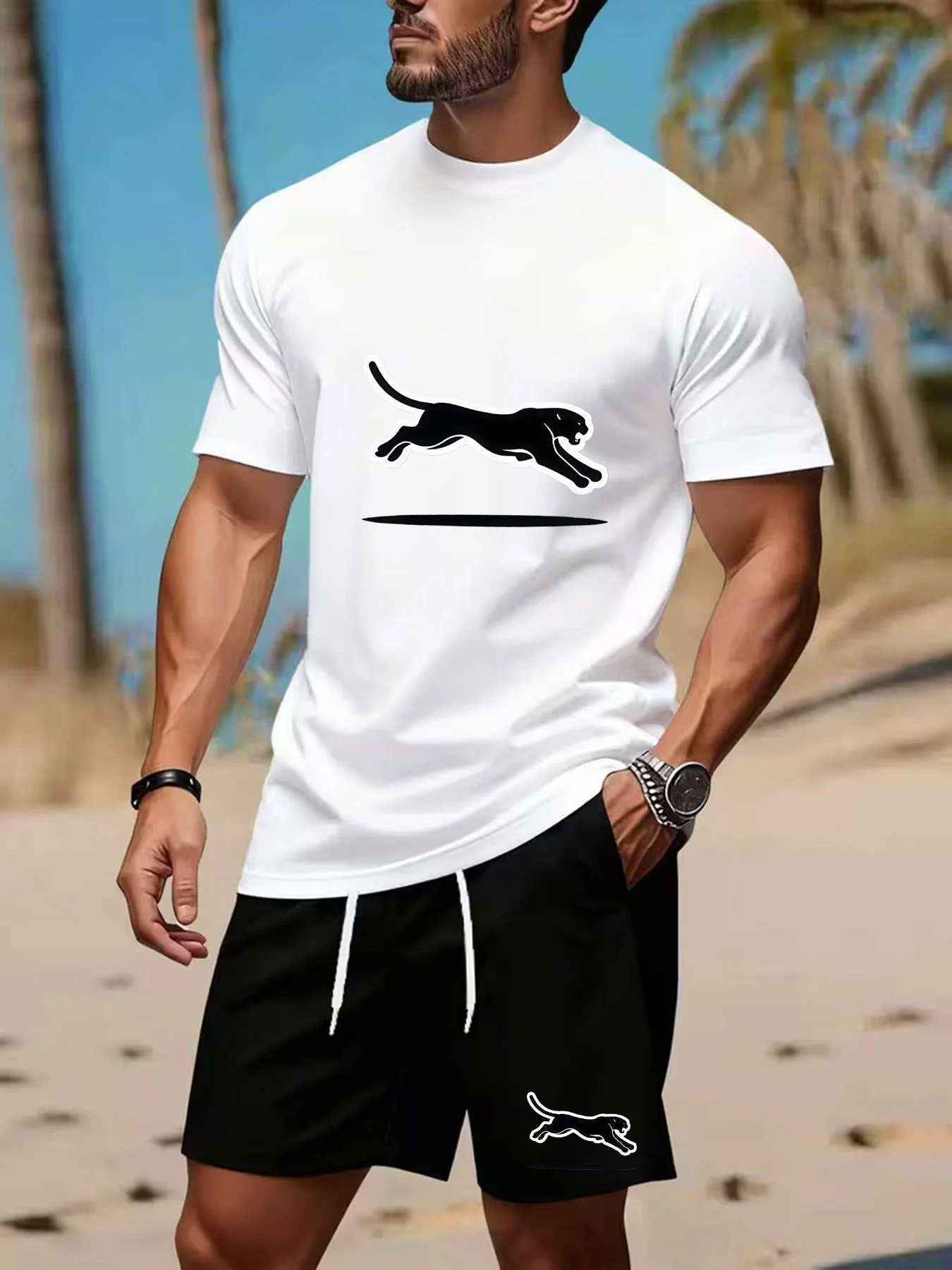 Men's mesh fabric short-sleeved shirt and shorts set, running "White Leopard" pattern drawstring waistband sports two-piece set
Men's mesh fabric short-sleeved shirt and shorts set, running "White Leopard" pattern drawstring waistband sports two-piece set