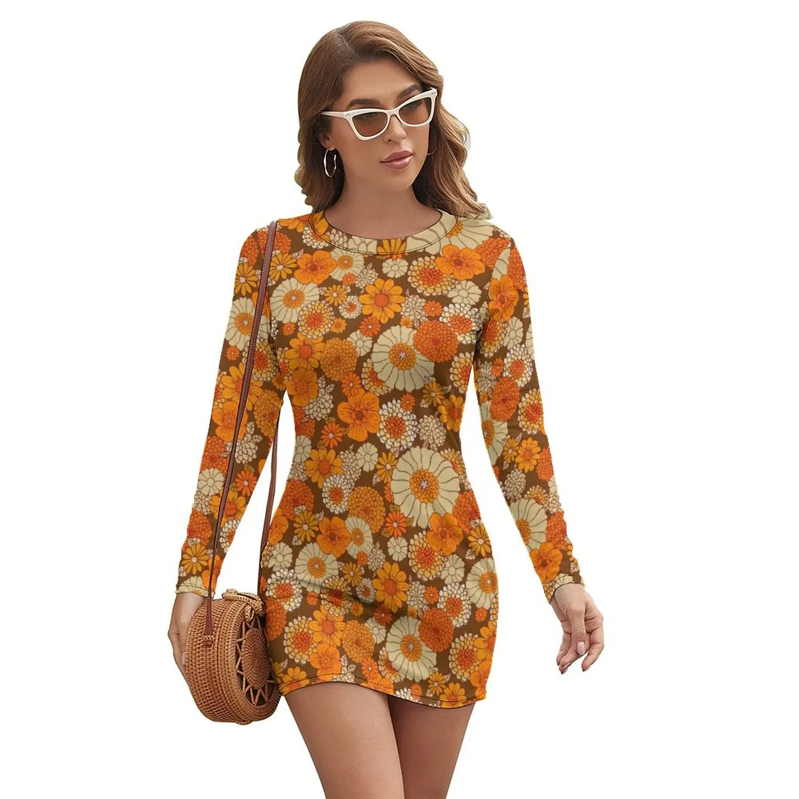 70s retro daisies, vintage flower power, orange and brown, boho, Long-sleeved Dress beach dresses
70s retro daisies, vintage flower power, orange and brown, boho, Long-sleeved Dress beach dresses
