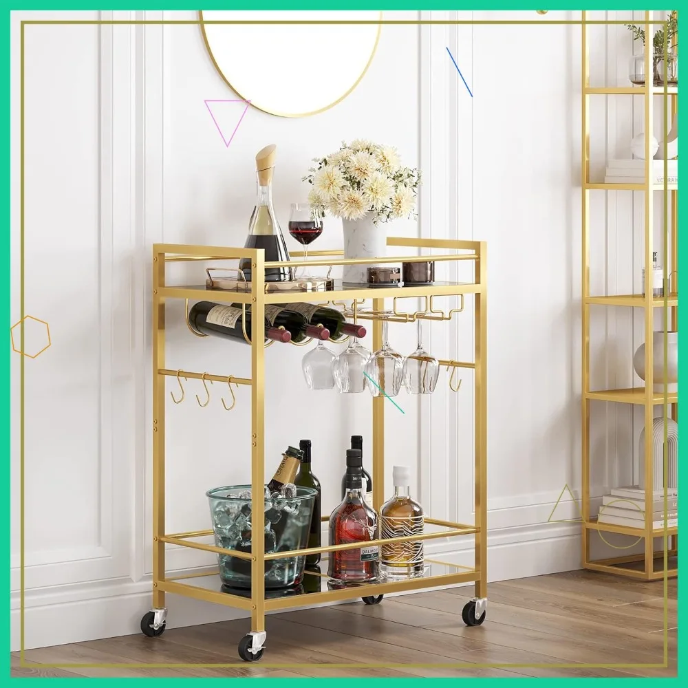 Gold Rolling Bar Cart with Wine Rack & Glass Holder, Mobile Kitchen Serving Cart with Brakes
Gold Rolling Bar Cart with Wine Rack & Glass Holder, Mobile Kitchen Serving Cart with Brakes