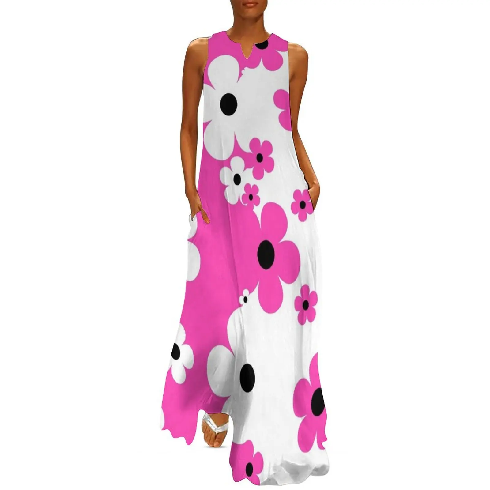 60's Retro Pop Small Flowers in Hot Pink and White, Black Long Dress luxury woman evening dress women long dresses Dress
60's Retro Pop Small Flowers in Hot Pink and White, Black Long Dress luxury woman evening dress women long dresses Dress
