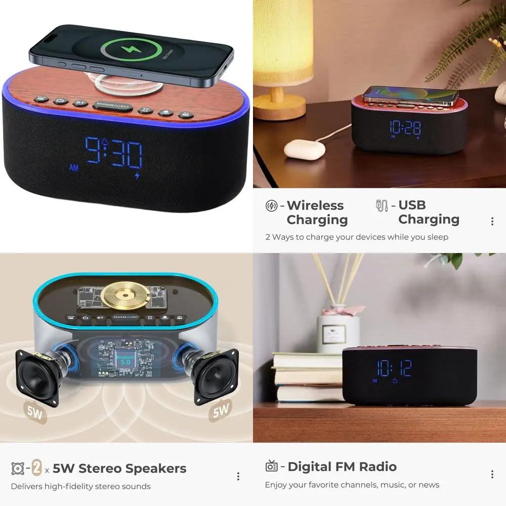 Будильник с Bluetooth и FM-радио: стереодинамик 10 Вт с быстрой беспроводной зарядкой для iPhone и Samsung — часы с регулируемой яркостью
Будильник с Bluetooth и FM-радио: стереодинамик 10 Вт с быстрой беспроводной зарядкой для iPhone и Samsung — часы с регулируемой яркостью