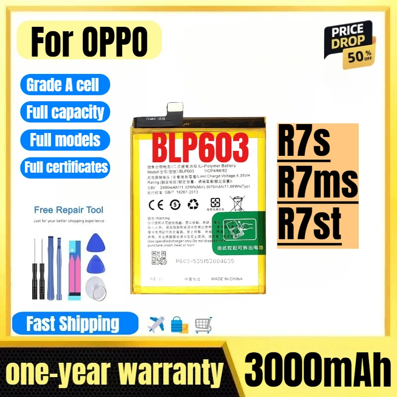 BLP603 for OPPO R7s/R7ms/R7st Mobile Phone Battery High Quality High Capacity Replacement Bateria Grade A Cell with Tools
BLP603 for OPPO R7s/R7ms/R7st Mobile Phone Battery High Quality High Capacity Replacement Bateria Grade A Cell with Tools