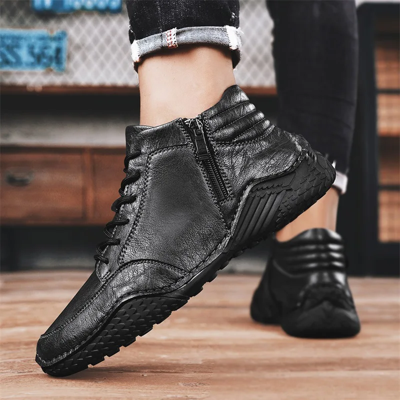 Men's Casual High Top Leather Boots Brown Retro Style Comfortable Non-slip Side Zipper Lace-up Ankle Boots for Men Walking Shoes
Men's Casual High Top Leather Boots Brown Retro Style Comfortable Non-slip Side Zipper Lace-up Ankle Boots for Men Walking Shoes
