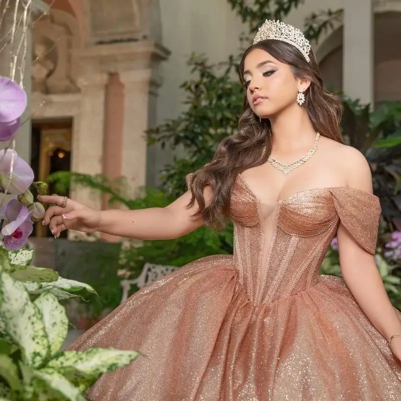 Customized Rose Gold Shiny Quinceanera Dresses Ball Gown Off Shoulder Bow Tull Birthday Sweet 16 Dress Vestidos De 15 Anos
Customized Rose Gold Shiny Quinceanera Dresses Ball Gown Off Shoulder Bow Tull Birthday Sweet 16 Dress Vestidos De 15 Anos