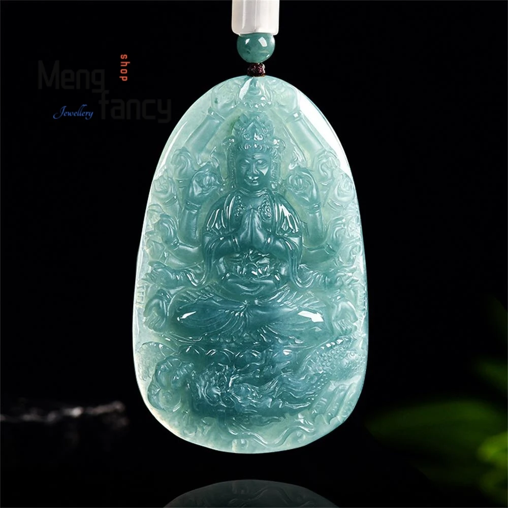 Genuine Natural A-grade Jadeite Blue Water Thousand-handed Guanyin Ice Type Jade Pendant Buddhist Amulets Luxury Fashion Jewelry 
Genuine Natural A-grade Jadeite Blue Water Thousand-handed Guanyin Ice Type Jade Pendant Buddhist Amulets Luxury Fashion Jewelry