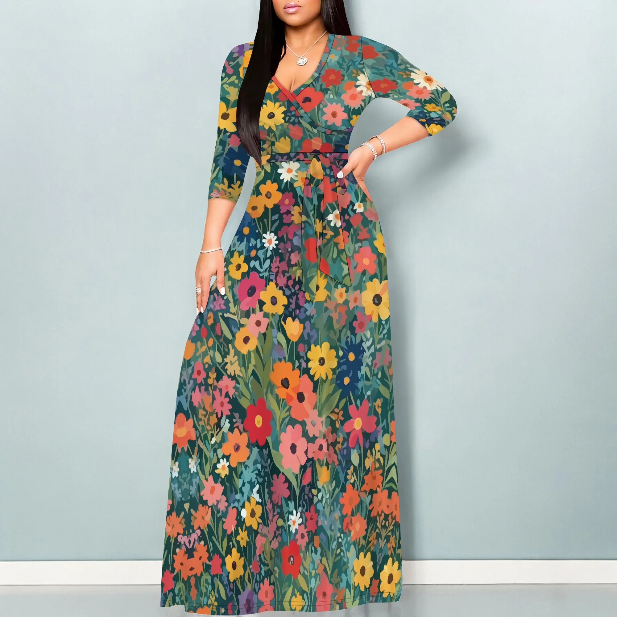 Women's Blue Floral V-Neck Dress with Belt Polyester Maxi Party Spring Chic
Women's Blue Floral V-Neck Dress with Belt Polyester Maxi Party Spring Chic