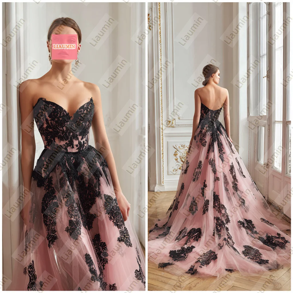 Pink Tulle Black Lace Applique Strapless Floor Length Evening Formal Wedding Occasion Prom Dress Lace-up Customized Made W20.1.6
Pink Tulle Black Lace Applique Strapless Floor Length Evening Formal Wedding Occasion Prom Dress Lace-up Customized Made W20.1.6