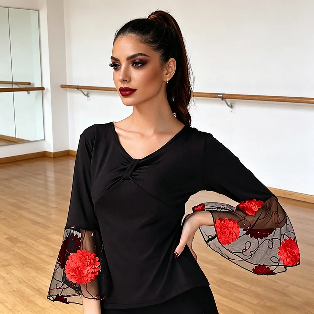 Ballroom Latin Dance Top Women Black V-Neck Knotted 3/4 Flare Mesh Sleeve Red Floral Salsa Tango Blouse
Ballroom Latin Dance Top Women Black V-Neck Knotted 3/4 Flare Mesh Sleeve Red Floral Salsa Tango Blouse