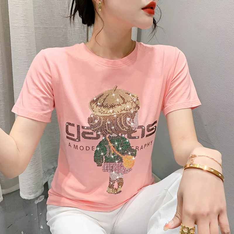 100% Cotton 2023 Summer European Clothes T-Shirt Chic Sexy Shiny Diamonds Cartoon Women Tops Short Sleeve Loose Hot Tees 33093
100% Cotton 2023 Summer European Clothes T-Shirt Chic Sexy Shiny Diamonds Cartoon Women Tops Short Sleeve Loose Hot Tees 33093