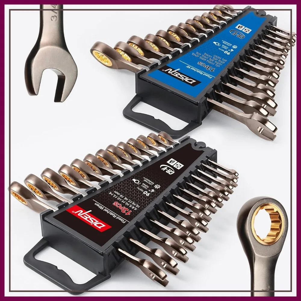 26 Piece Ratcheting Wrenches Set Metric 6-19mm & SAE 1/4-13/16 Inch 90-Tooth Cr-V Steel with Organizer
26 Piece Ratcheting Wrenches Set Metric 6-19mm & SAE 1/4-13/16 Inch 90-Tooth Cr-V Steel with Organizer