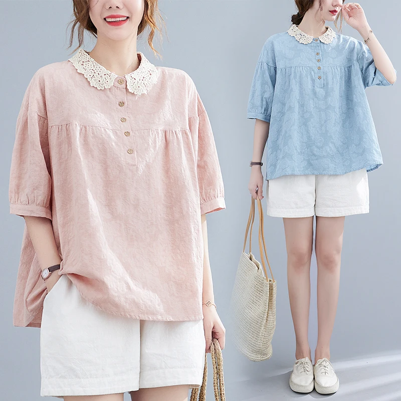 plus Size Doll Shirt Summer Loose Lace Splice Short Sleeve T-Shirt Korean Style Commute Pure Color Collar Casual Fit
plus Size Doll Shirt Summer Loose Lace Splice Short Sleeve T-Shirt Korean Style Commute Pure Color Collar Casual Fit