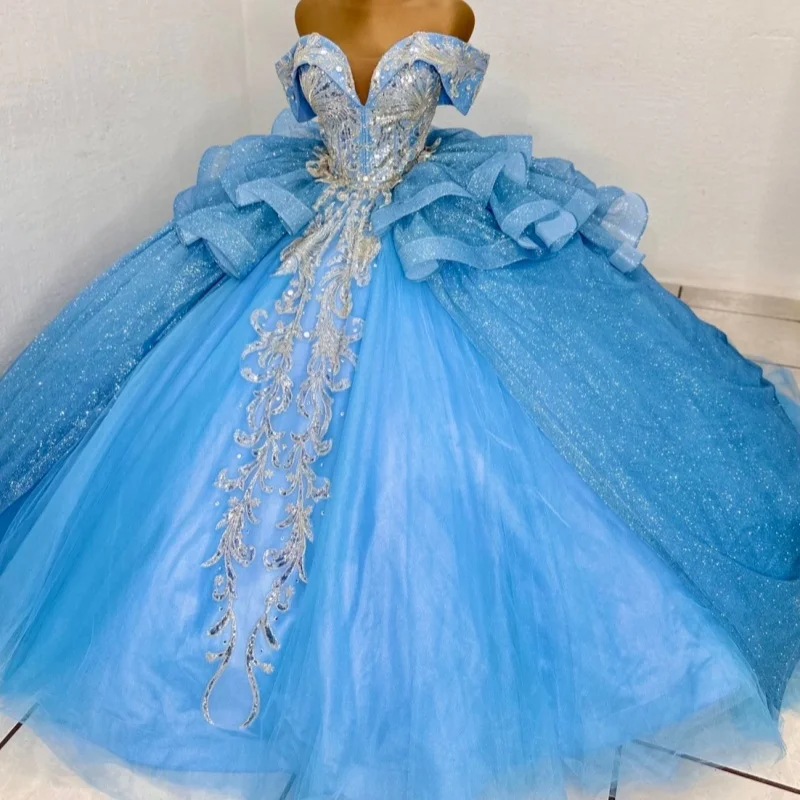 Shiny Blue Quinceanera Dress off-shoulder Glitter Crystal Decal Lace Layering Long tail vestidos de 15 Quinceanera Customize
Shiny Blue Quinceanera Dress off-shoulder Glitter Crystal Decal Lace Layering Long tail vestidos de 15 Quinceanera Customize