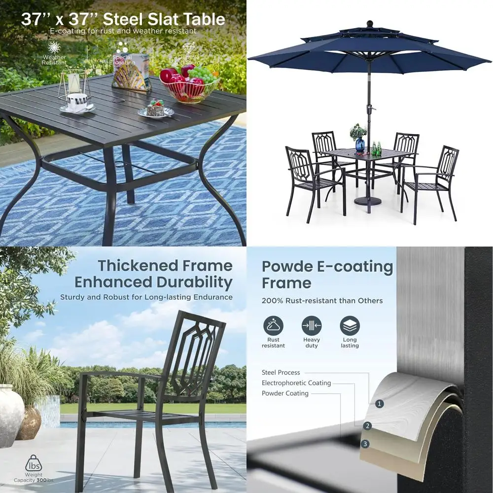 5-Piece Outdoor Dining Set with Stackable Chairs and Navy Blue Umbrella (No Base)
5-Piece Outdoor Dining Set with Stackable Chairs and Navy Blue Umbrella (No Base)