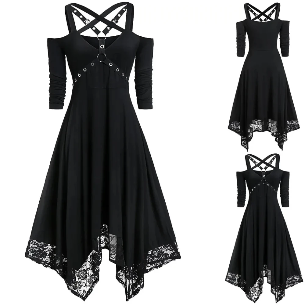 2025Sexy Open Back Gothic Black Suspenders Dress Halloween Cosplay Off Shoulder High Waist A-line Irregular Lace Hem Party Dress
2025Sexy Open Back Gothic Black Suspenders Dress Halloween Cosplay Off Shoulder High Waist A-line Irregular Lace Hem Party Dress