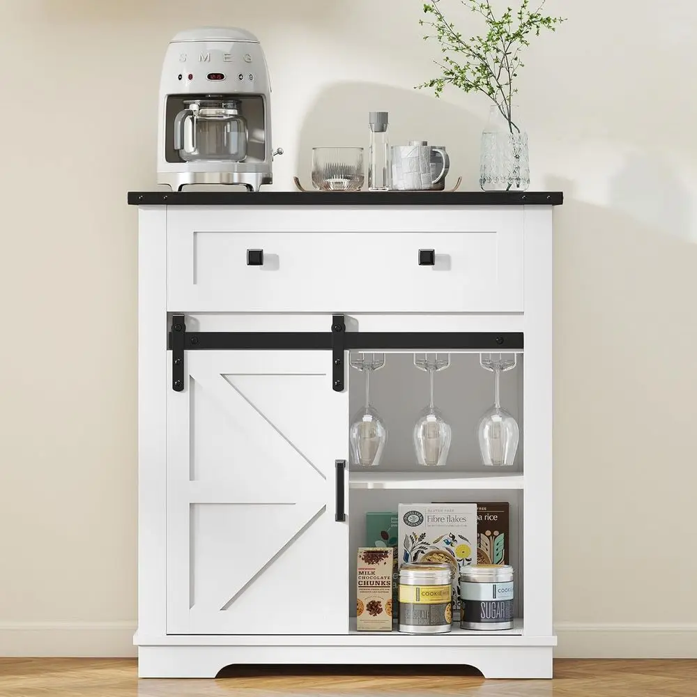 White Storage Sideboard with Wine Glass Rack and Sliding Barn Door for Kitchen, Dining, or Entryway
White Storage Sideboard with Wine Glass Rack and Sliding Barn Door for Kitchen, Dining, or Entryway