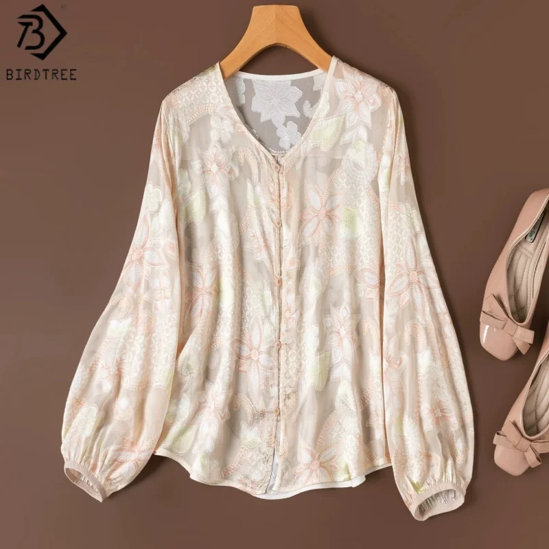 Birdtree, 100% Silk Jacquard Blouse, Full Sleeve V-neck Shirt, Women Clipped Voile Sheer Elegant Tops, 2026 Summer New T66125JF
Birdtree, 100% Silk Jacquard Blouse, Full Sleeve V-neck Shirt, Women Clipped Voile Sheer Elegant Tops, 2026 Summer New T66125JF