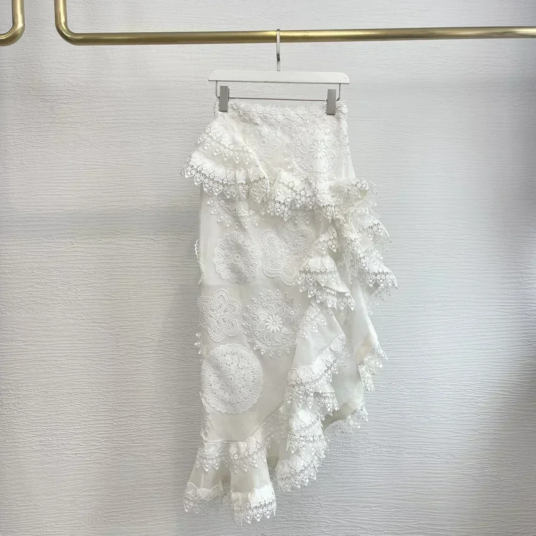 White 2023 Top Quality Silk Linen Vintage Elegant Embroidery Lace Patchwork Hollow Out Irregular Women Midi Skirt
White 2023 Top Quality Silk Linen Vintage Elegant Embroidery Lace Patchwork Hollow Out Irregular Women Midi Skirt
