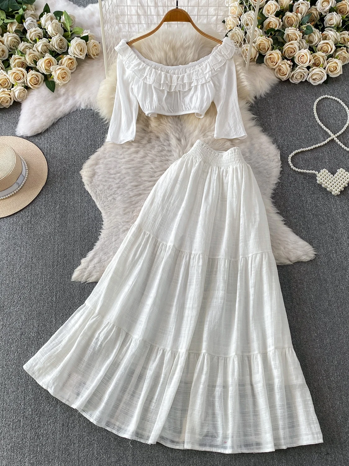 Fairy Tale Short High Waist One Shoulder Seven Sleeve Women's Set Summer Slimming Gown with Lace Hemline And Shirt Top
Fairy Tale Short High Waist One Shoulder Seven Sleeve Women's Set Summer Slimming Gown with Lace Hemline And Shirt Top