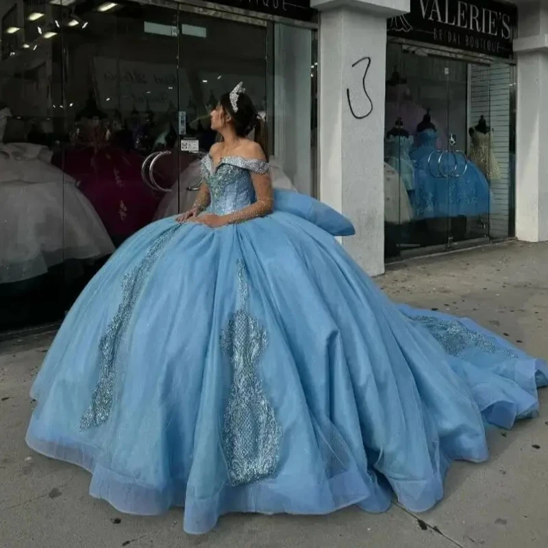 Sky Blue Shiny Princess Quinceanera Dresses Off Shoulder Applique Lace Beads Tull Corset vestidos de 15 años Sweet 16 Dress Ball
Sky Blue Shiny Princess Quinceanera Dresses Off Shoulder Applique Lace Beads Tull Corset vestidos de 15 años Sweet 16 Dress Ball