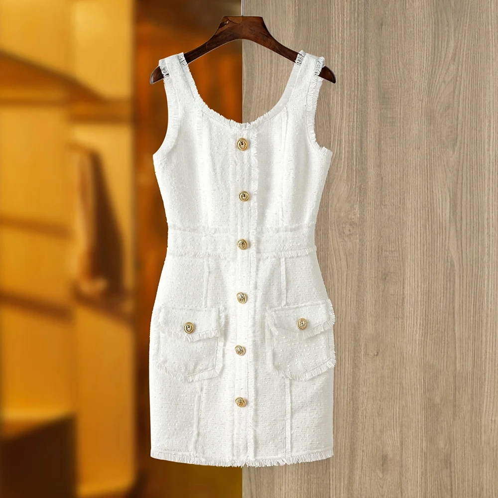 European Style Pure White Tweed Fabric Luxury Quality Straps Sleeveless Women Woven Chic Jaquard Dress
European Style Pure White Tweed Fabric Luxury Quality Straps Sleeveless Women Woven Chic Jaquard Dress