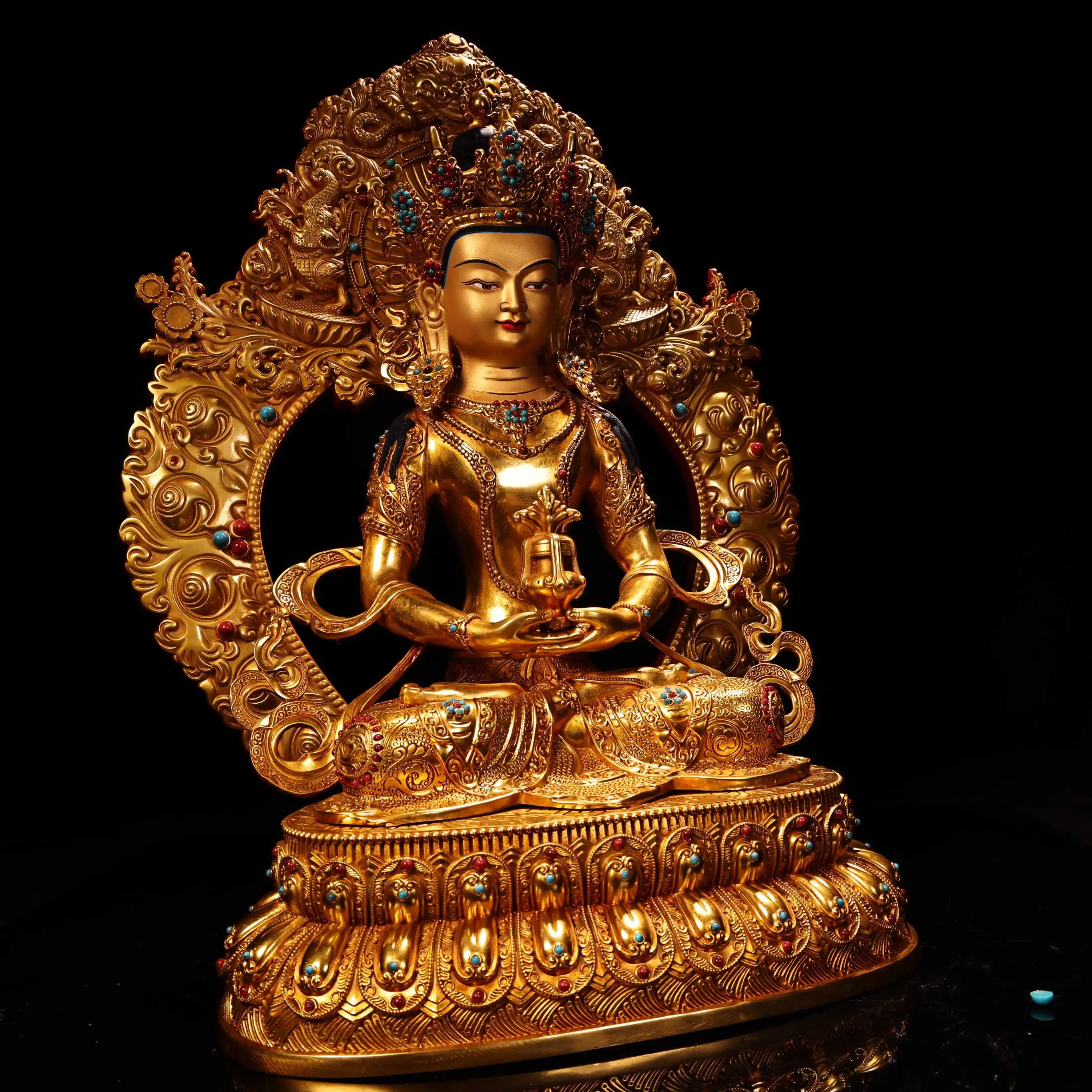 15"Tibetan Temple Collection Old Bronze Gilded High Relief Mosaic Gem Longevity Sitting Buddha Lotus Terrace Worship Hall 
15"Tibetan Temple Collection Old Bronze Gilded High Relief Mosaic Gem Longevity Sitting Buddha Lotus Terrace Worship Hall