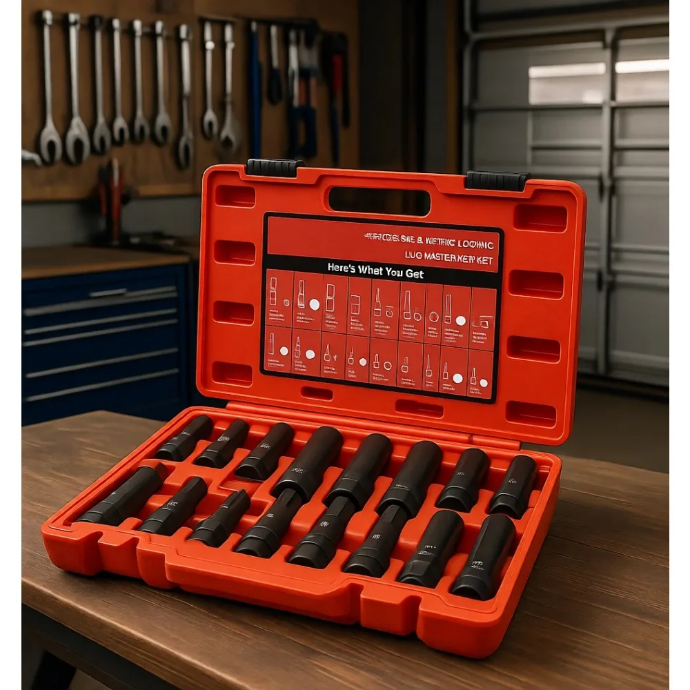 6 and 7 Point Spline Socket Kit with Lock Key for Aftermarket Wheel Lug Nut Removal 16 Piece
6 and 7 Point Spline Socket Kit with Lock Key for Aftermarket Wheel Lug Nut Removal 16 Piece