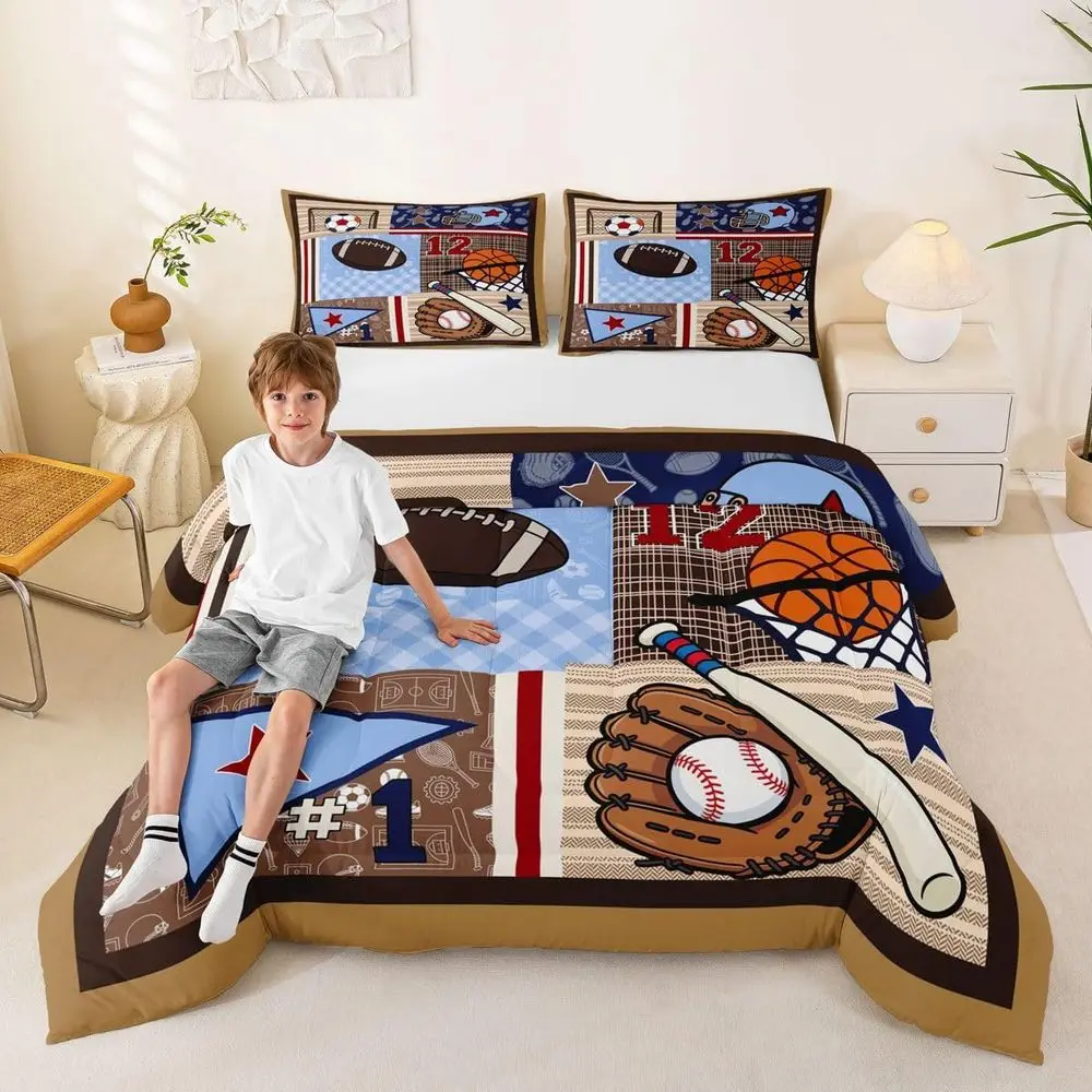 Queen Size Brown Geometric Football, Baseball, Basketball Bedding Set with 2 Pillowcases for Kids' Rooms
Queen Size Brown Geometric Football, Baseball, Basketball Bedding Set with 2 Pillowcases for Kids' Rooms