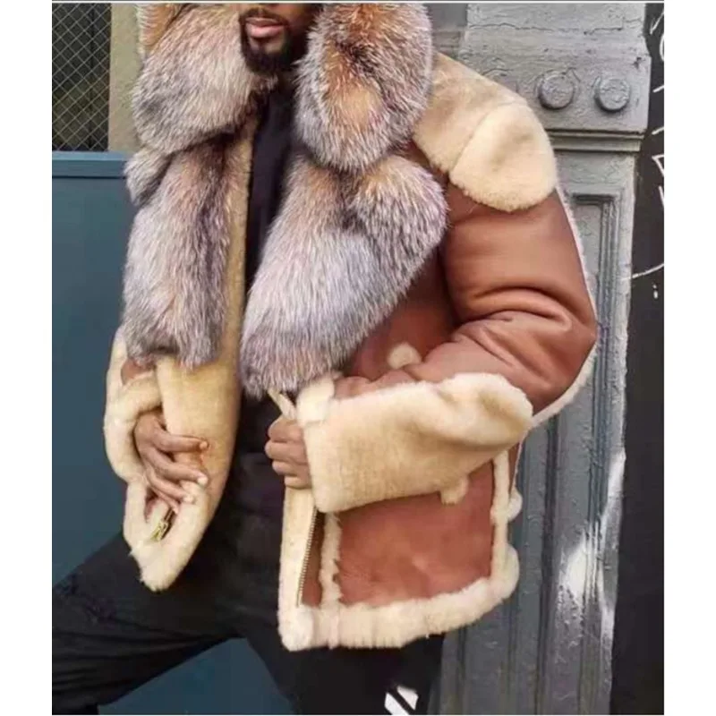 Winter Men's Winter Jackets Leather and Fur Integrated Thick PU Leather Jacket Lamb Fur Big Fox Fur Collar Men Clothing Khaki
Winter Men's Winter Jackets Leather and Fur Integrated Thick PU Leather Jacket Lamb Fur Big Fox Fur Collar Men Clothing Khaki