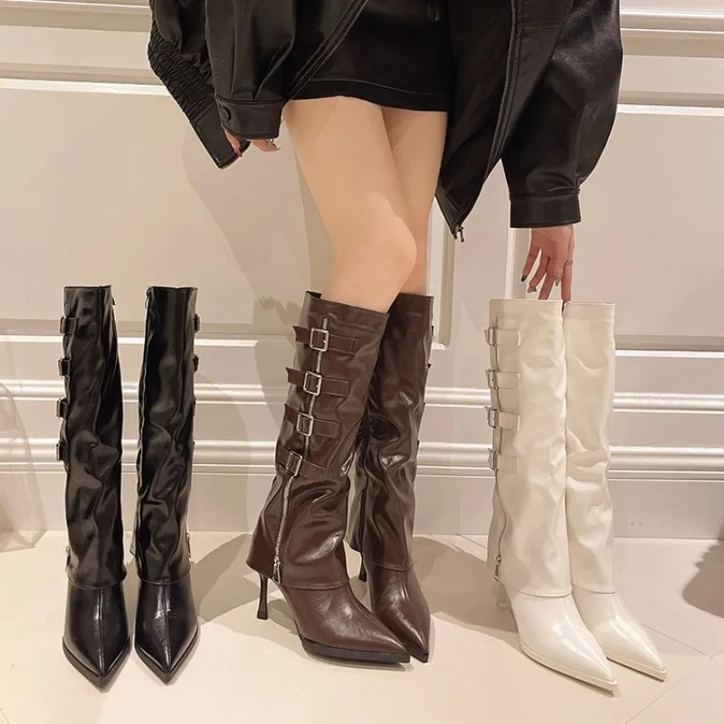 Women Knee High Boots Slouchy Pointed Toe Slim Heel Multi Buckle Side Zipper Smooth Upper Autumn Winter Fashionable Dress Shoes
Women Knee High Boots Slouchy Pointed Toe Slim Heel Multi Buckle Side Zipper Smooth Upper Autumn Winter Fashionable Dress Shoes