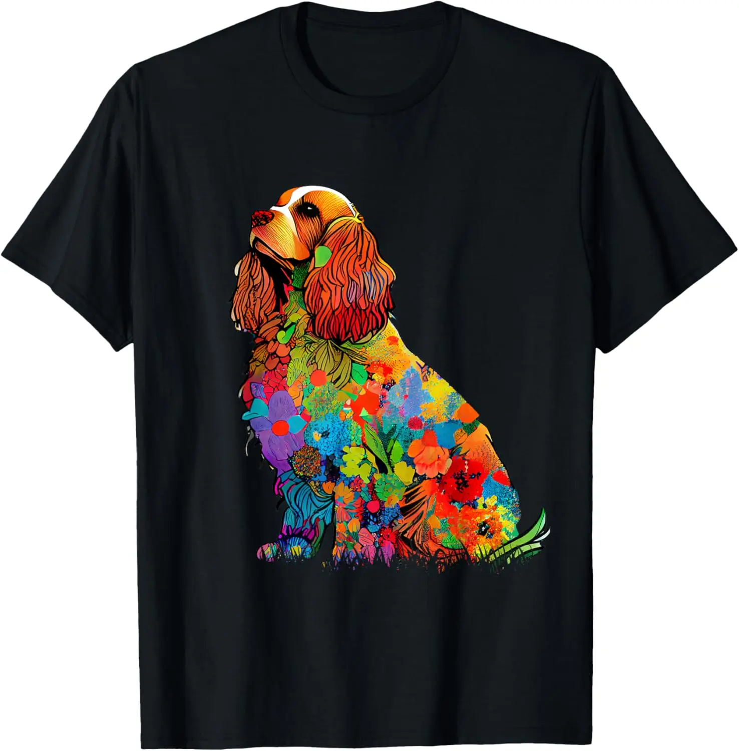 Футболка с ярким спанниелем и цветочным узором
Футболка с ярким спанниелем и цветочным узором